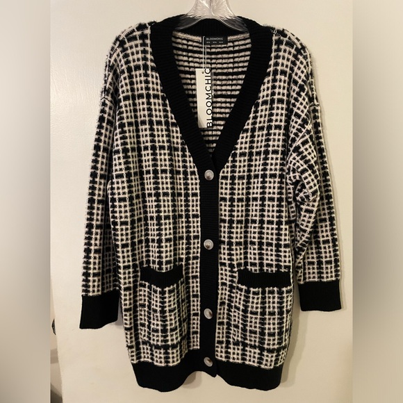 NWT Plaid Black and White Button Down Patched Pocket Cardigan Sz 12 (L) - Picture 1 of 6